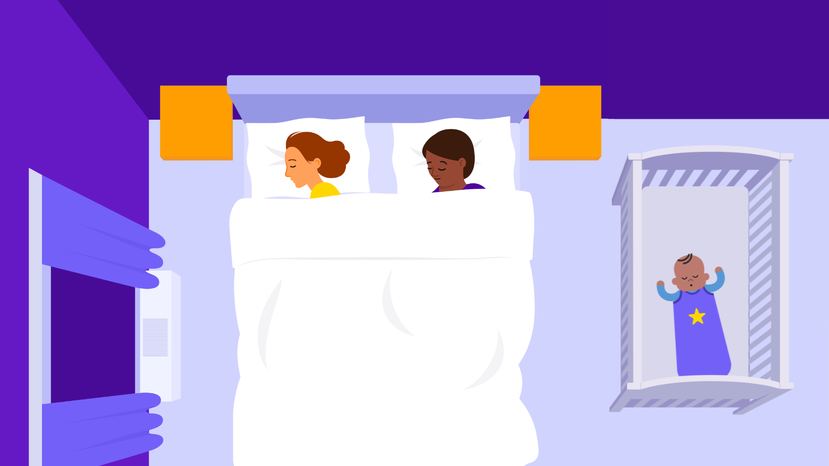 Two people sleeping in a bed in a hotel room with their baby in a cot beside them.