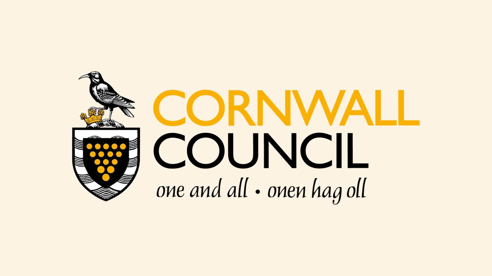 Cornwall council logo. A crest with a bird on. Underneath it says 'One and all. Onen hag oll'