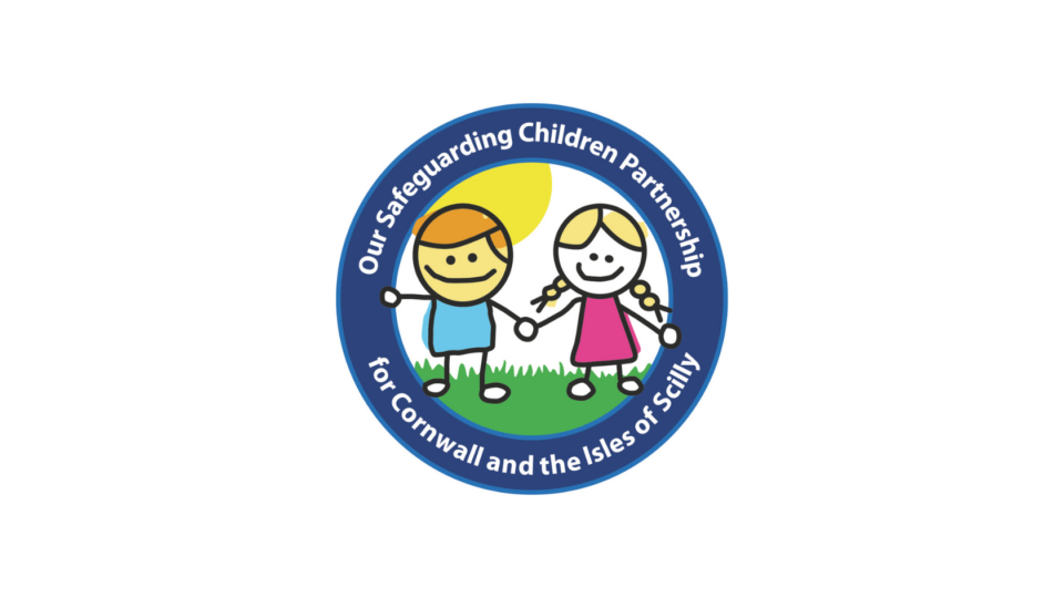 Our Safeguarding Children Partnership for Cornwall and the Isles of Scilly. Illustration of two children holding hands.