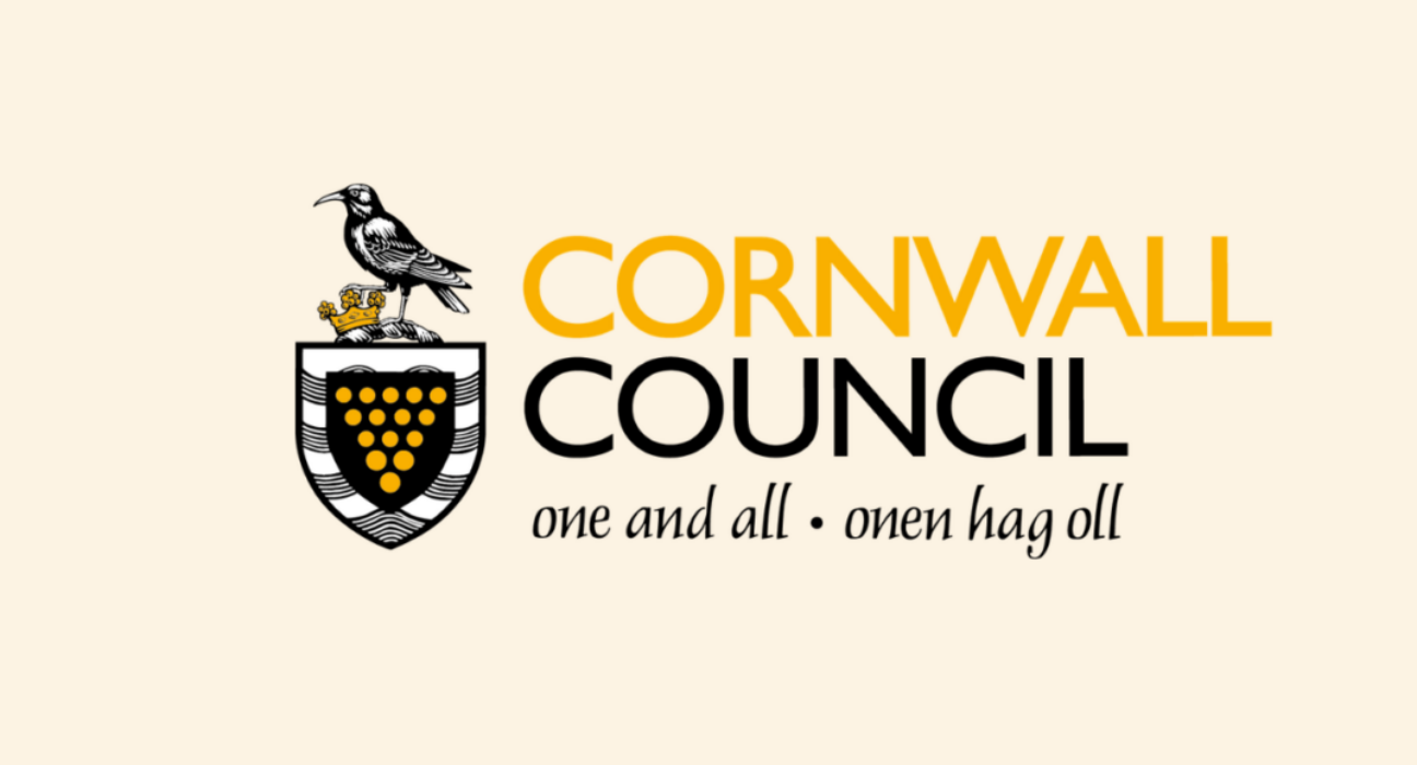 Cornwall council logo. A crest with a bird on. Underneath it says 'One and all. Onen hag oll'