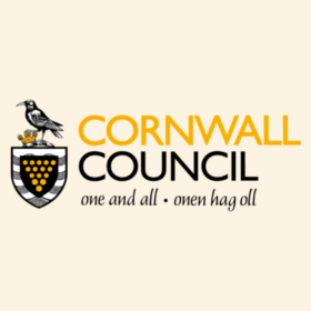 Cornwall council logo. A crest with a bird on. Underneath it says 'One and all. Onen hag oll'