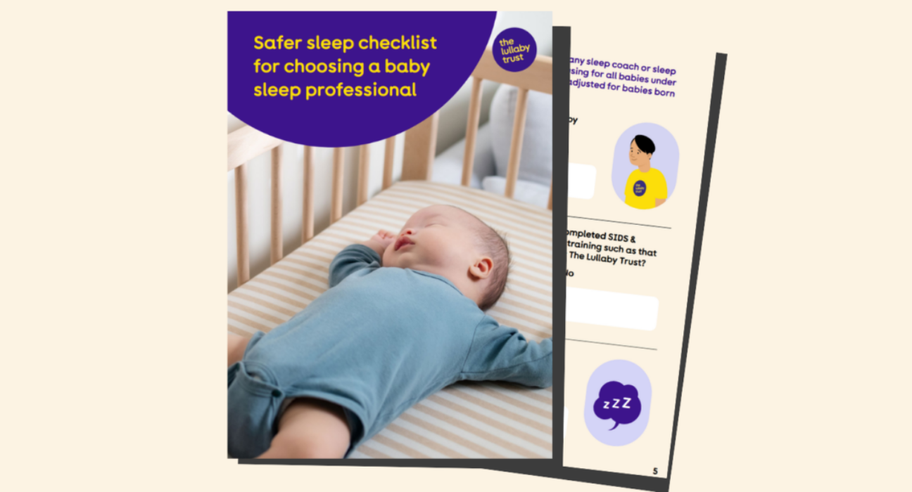Safer sleep checklist for choosing a baby sleep professional. Screenshot of the front page and an inner page.