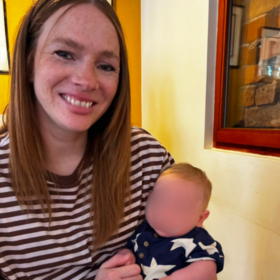 Paige holding Oakley in Eakring, Nottinghamshire