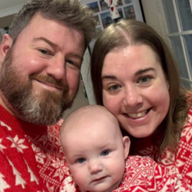 Camila, James and Sophia in matching Christmas pyjamas.
