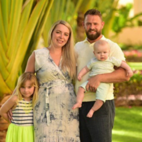 Family photo of Katie with her husband Christian, and their children Ellis and Theia.