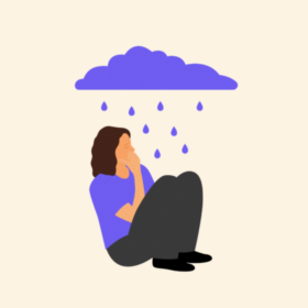 Lady sitting on the floor with her hand to her face. There is a cloud above her and rain falling on her.