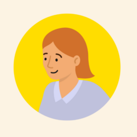 Lady with short red hair in a yellow circle.