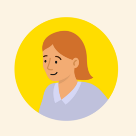 Lady with short red hair in a yellow circle.