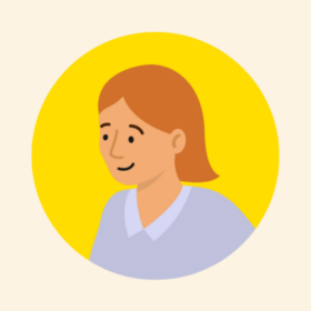 Lady with short red hair in a yellow circle.