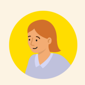 Lady with short red hair in a yellow circle.