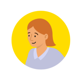Lady with short red hair in a yellow circle.