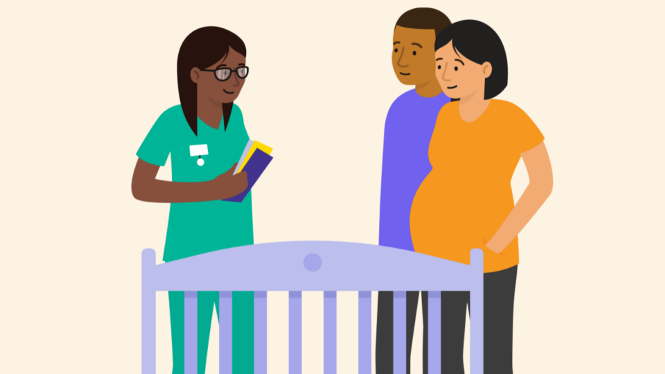 An illustration of a health professional speaking with an expectant couple next to a cot.