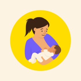 Lady breastfeeding on a yellow background