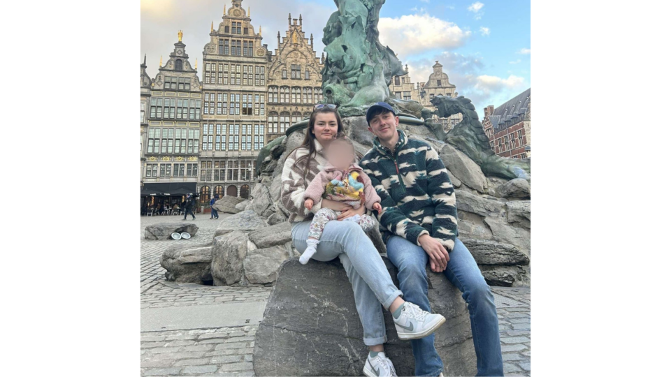 Ben, Cordelia and Meg in front of a statue in Belgium