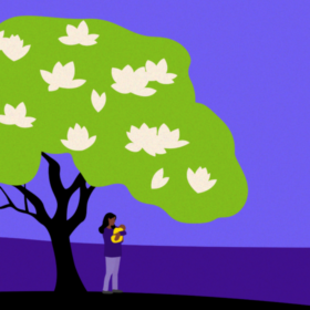 Illustration of a magnolia tree. It is green with white bundles on it.