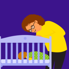 Lady supervising a baby who is asleep in a cot