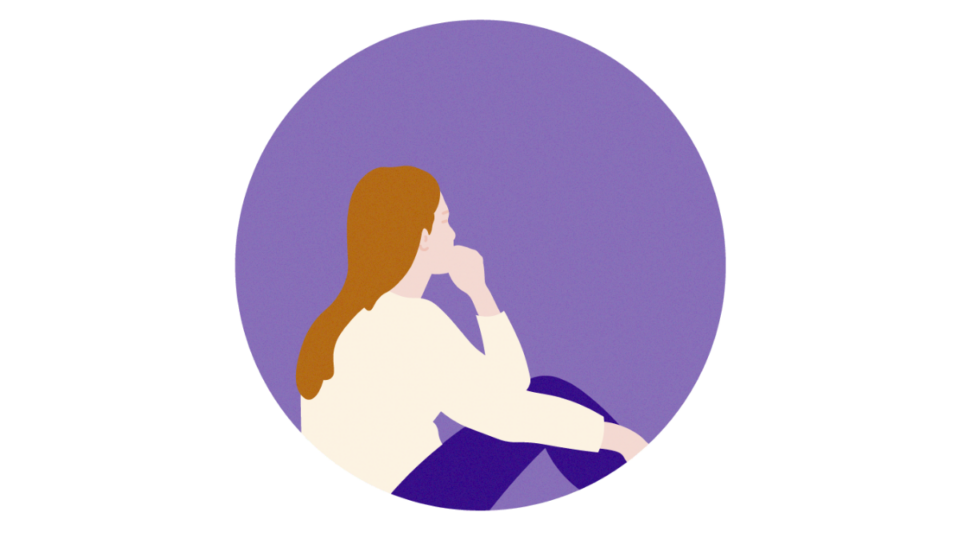 Lady sitting on the floor with her hand to her chin, on a purple background.