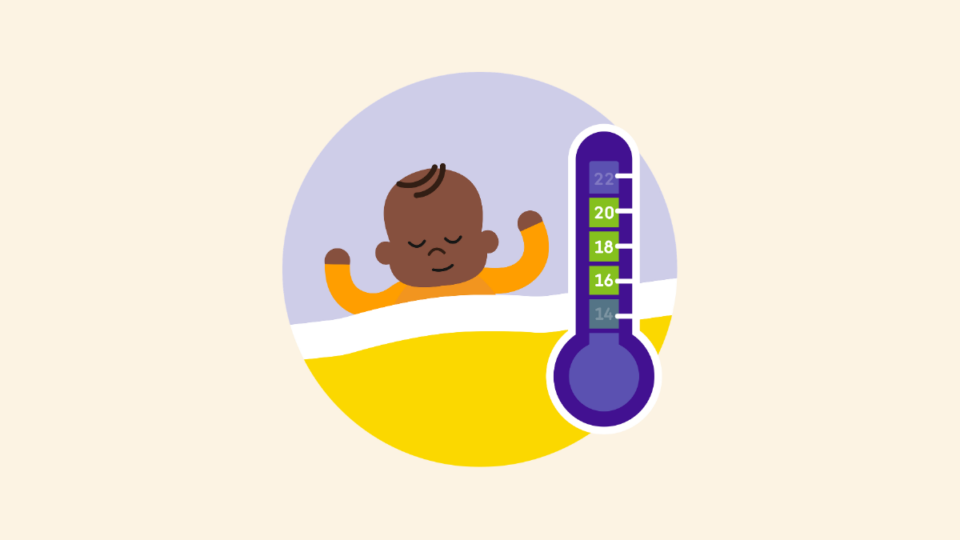 Baby asleep with firmly tucket in blanket, with a thermometer next to him.