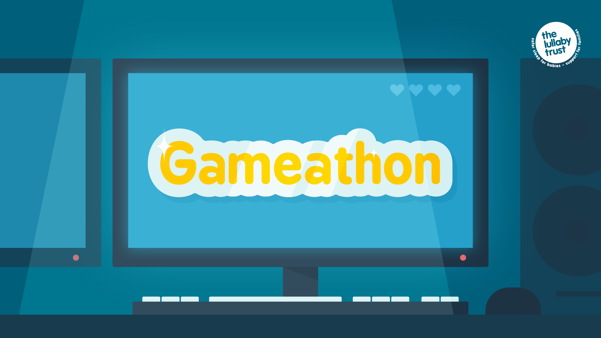 A blue computer screen. The screen reads 'Gameathon' in yellow writing.