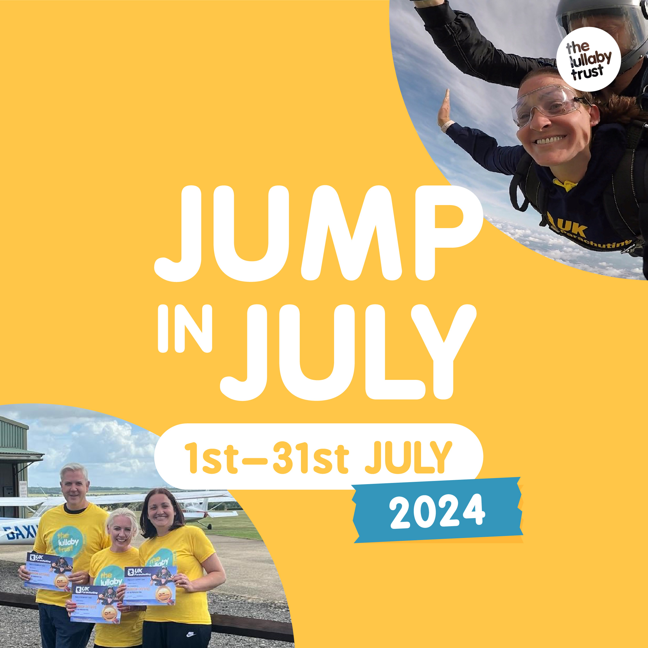 Yellow square image. The text reads 'Jump in July'