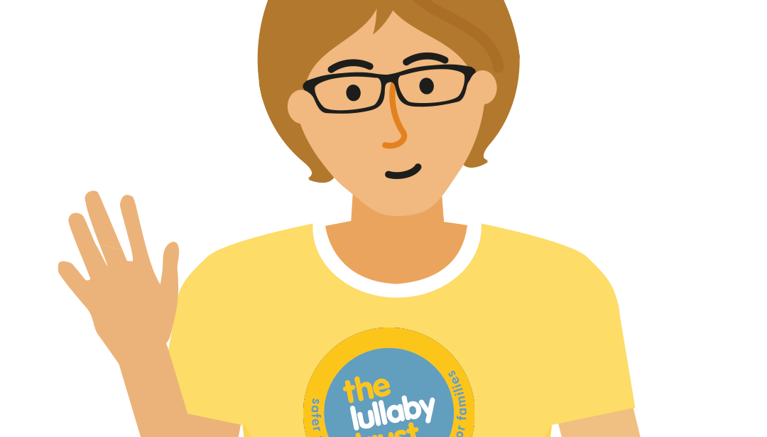 Lady wearing Lullaby Trust tshirt - volunteer