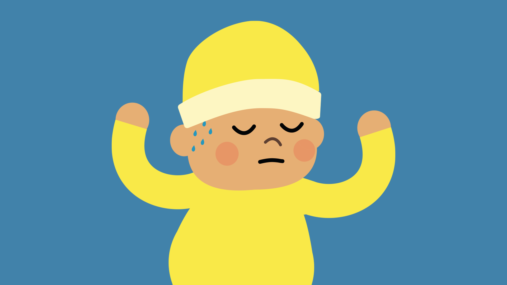 A baby is shown wearing a hat, their cheeks are flushing red and they are sweating due to being too warm