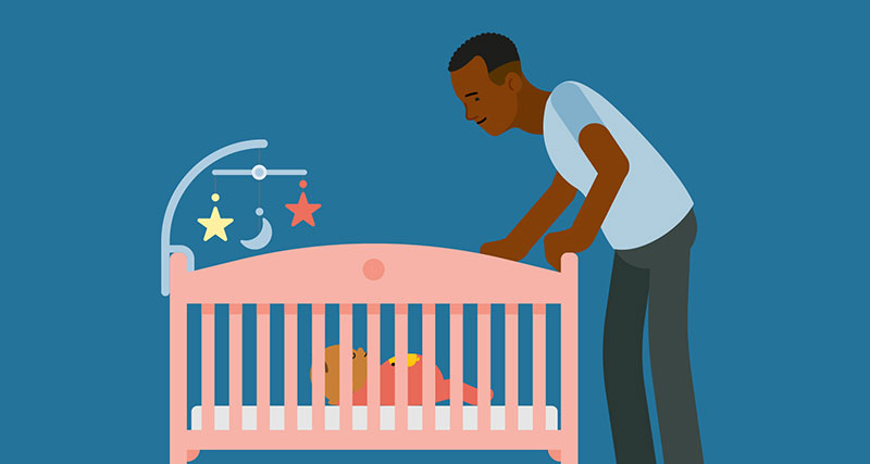 Illustration of a father leaning over a cot with the baby sleeping on its back inside