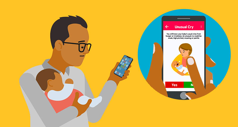 A worried looking dad holds his baby in one arm and in the other holds a smartphone. A circle shows a close up of his screen which has open the Baby Check app